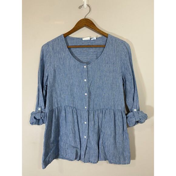 Sigrid Olsen Top Womens SMALL Blue‎ 100% Linen Peplum Button Up Shirt Rollback - Picture 1 of 4